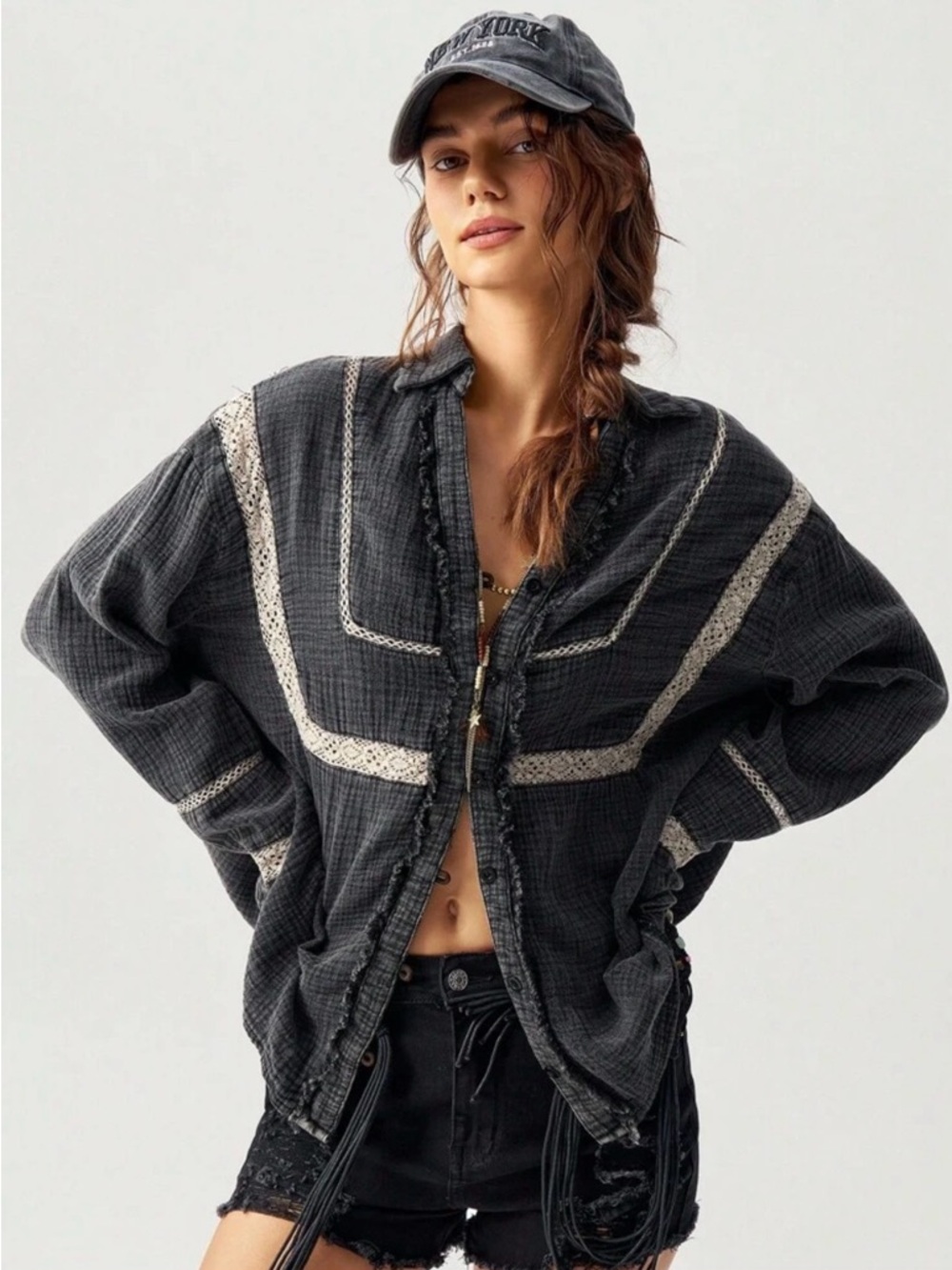Woven Lace-Trim Button-Front Jacket‎ Top — Black